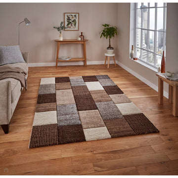 Brooklyn 21830 Modern Geometric Square Patchwork Blocks Soft Carved Durable Short Pile Beige/Grey/Brown Rug-Think Rugs-Rug Love - The Most Loved Rug Store